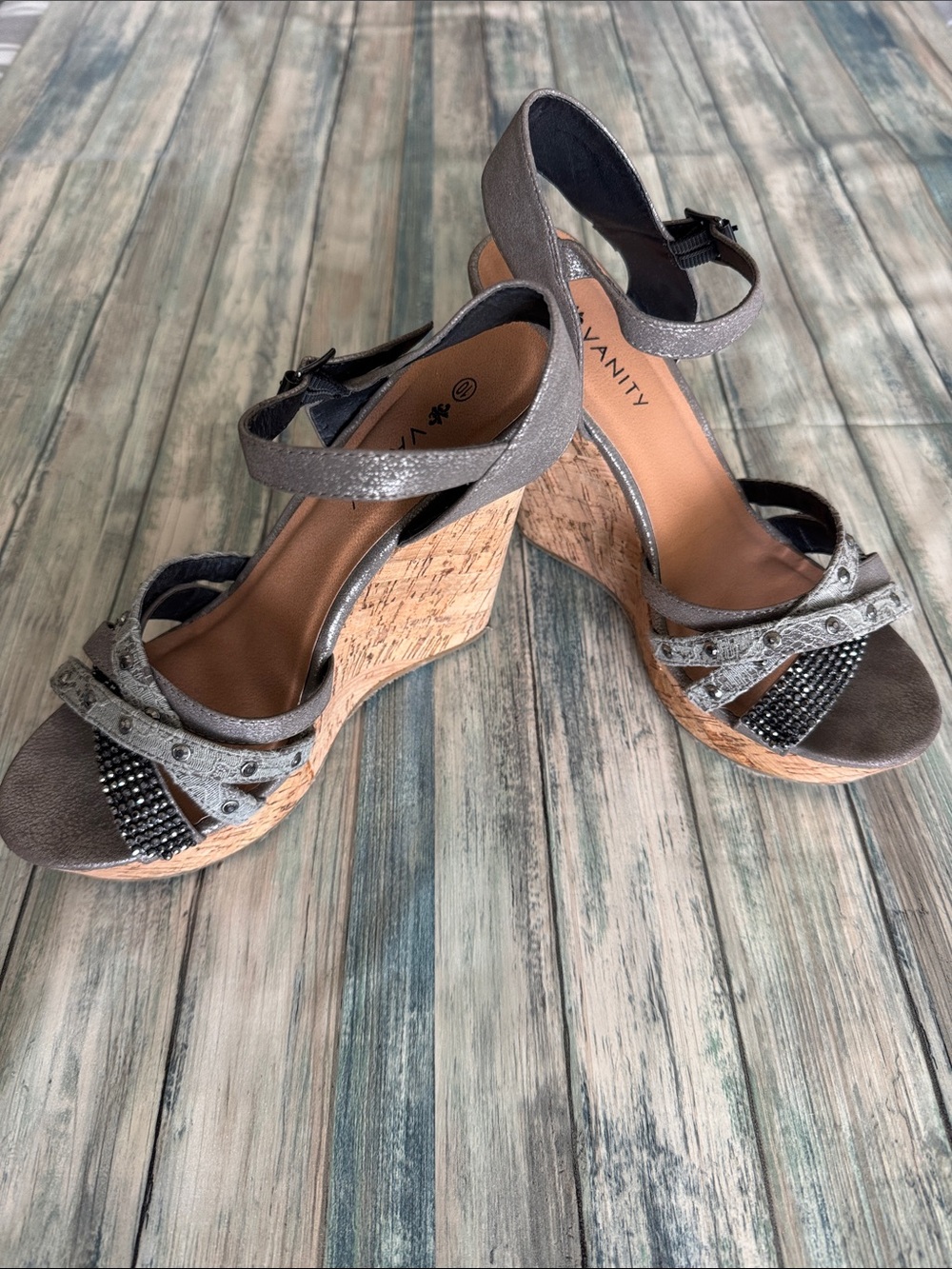 Vanity Silver Metallic Cork Wedge Sandals (Sz: 10)